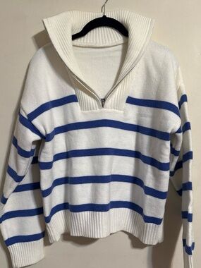 White & Blue Striped Half-Zip Sweater